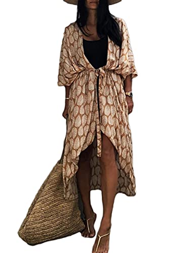 Bsubseach Leaf Print Loose Strandkleid Sexy Kimono 3/4 Ärmel Sommer Strickjacken für Damen Ingwer von Bsubseach