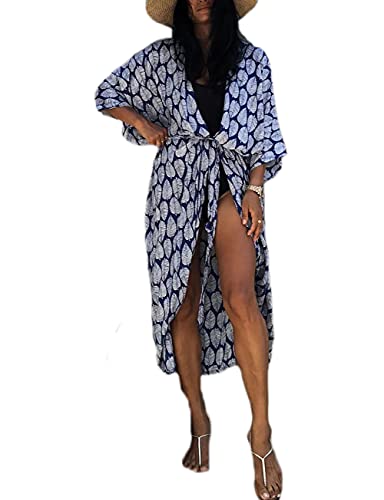 Bsubseach Leaf Print Loose Strandkleid Sexy Kimono 3/4 Ärmel Sommer Strickjacken für Damen Royal Blau von Bsubseach