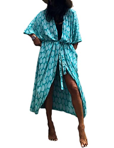 Bsubseach Leaf Print Loose Strandkleid Sommer Strand Kimono Strickjackes für Damen Pfau Blau von Bsubseach