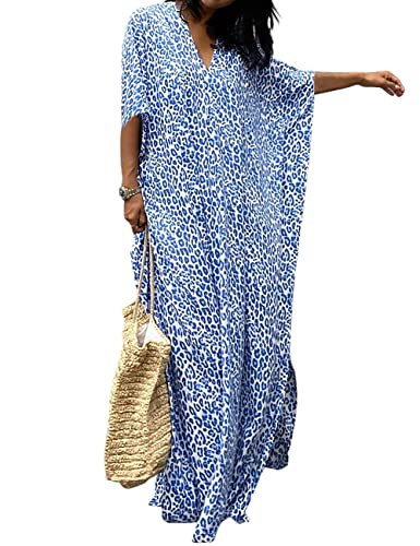 Bsubseach Leopard Print Strand Kaftan Kleid für Damen Caftan Haus Kleid Strandponcho für Bademode Blau Einheitsgröße von Bsubseach