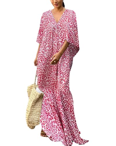 Bsubseach Leopard Print Strand Kaftan Kleid für Damen Caftan Haus Kleid Strandponcho für Bademode Rosa von Bsubseach