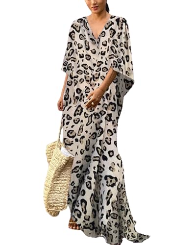 Bsubseach Leopard Print Strand Kaftan Kleid für Damen Kurzarm Strandkleid für Bademode von Bsubseach