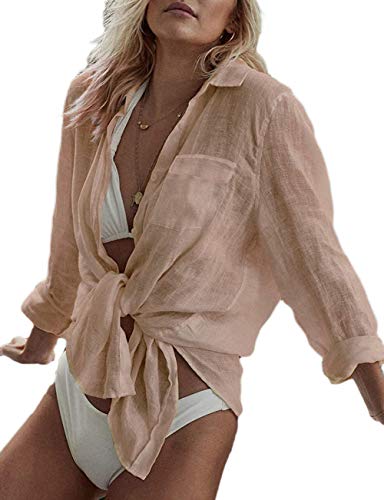 Bsubseach Long Sleeve Beach Shirt Blusen Damen Turn Down Kragen Bikini Strandponcho Bademode Apricot von Bsubseach