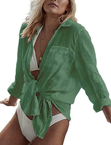 Bsubseach Long Sleeve Beach Shirt Blusen Damen Turn Down Kragen Bikini Strandponcho Bademode Grün von Bsubseach