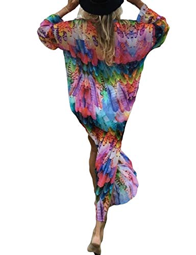 Bsubseach Long Sleeve Chiffon Sonnenschutz Beach Cover Ups für Damen Bunte Feder Loose Bademode Bikini Cover Up Kimono Cardigan von Bsubseach