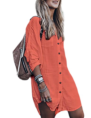 Bsubseach Long Sleeve Strandkleid for Damen Loose Button Down Bademode Beach Shirt Tunika Kleid Bright Orange von Bsubseach