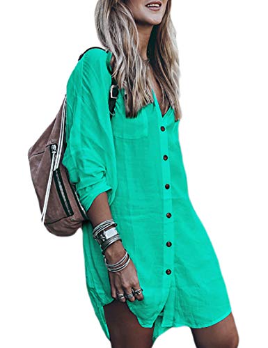 Bsubseach Long Sleeve Strandkleid for Damen Loose Button Down Bademode Beach Shirt Tunika Kleid Lake Green von Bsubseach