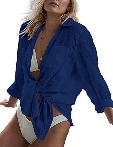 Bsubseach Long Sleeve Beach Shirt Blusen Damen Turn Down Kragen Bikini Strandponcho Bademode Navy von Bsubseach