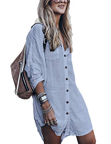 Bsubseach Long Sleeve Swimsuit Cover Up for Damen Loose Button Down Swimwear Beach Shirt Tunika Kleid Hellblau von Bsubseach