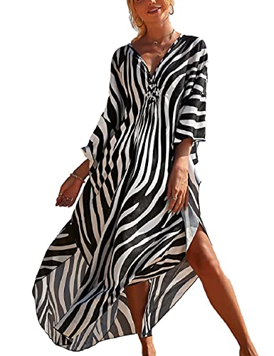 Bsubseach Long Zebra Print Half Sleeve Kaftan Swim Cover Up für Damen Badeanzug Coverups Strandkleid von Bsubseach