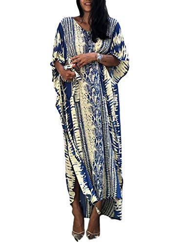 Bsubseach Loose Beach Caftan Kleid für Damen Kurzarm Strandponcho für Bademode Blau von Bsubseach