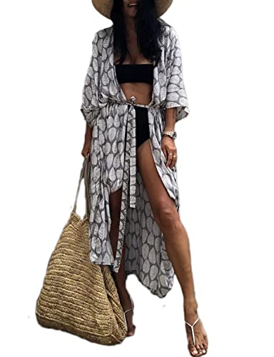 Bsubseach Loose Strandponcho Sommer Strand Kimono Strickjackes für Damen Boho Coverup Grauer Blatt Druck von Bsubseach