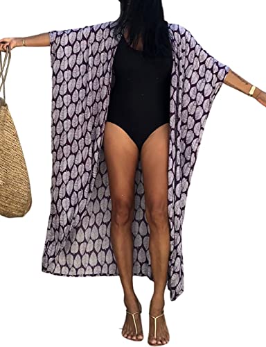 Bsubseach Loose Strandponcho Sommer Strand Kimono Strickjackes für Damen Boho Coverup Lila Blatt Druck von Bsubseach