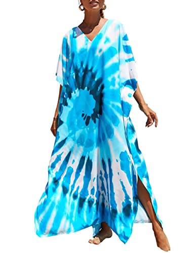 Bsubseach Lose Kaftan Kleider für Frauen Kurzarm Badeanzug Cover Up Casual Urlaub Outfits Bunt Blaue Wirbel von Bsubseach