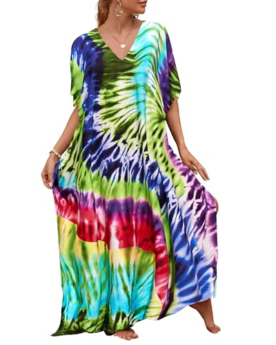 Bsubseach Lose Kaftan Kleider für Frauen Kurzarm Badeanzug Cover Up Casual Urlaub Outfits Bunt Grün von Bsubseach