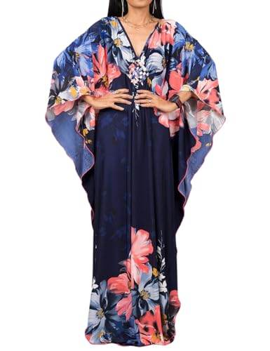 Bsubseach Navy Blume Print Plus Größe Caftan Kleider für Damen Strandkleid Batwing Ärmel Sommer Maxi Kaftan Kleid von Bsubseach