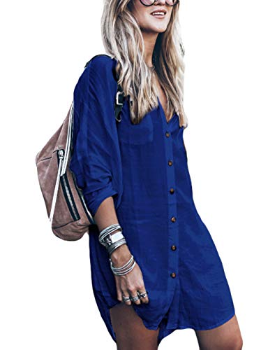 Bsubseach Navy Long Sleeve Bikini Cover Up for Damen Loose Turn Down Kragen Bademode Beach Shirt Tunika Kleid von Bsubseach