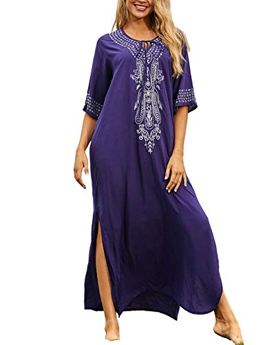 Bsubseach Navy Stickerei Kurzarm Strandkleid Bademode für Damen V-Ausschnitt Seite Split Strand Kaftan Kleider von Bsubseach