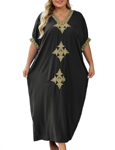 Bsubseach Plus Größe Gold Stickerei Kaftan V Ausschnitt Strand Cover Up Kaftan Maxikleid Schwarz von Bsubseach