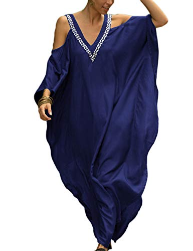 Bsubseach Plus Größe Kaftan Abdeckungen Ups für Bademode Frauen Kalte Schulter Badeanzug Abdeckung Up Kaftan Kleid Navy Blau von Bsubseach