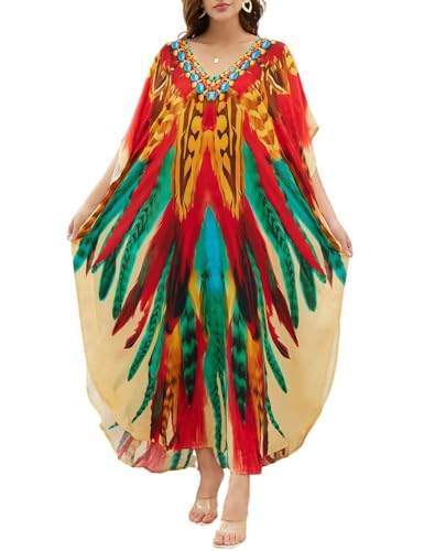 Bsubseach Plus Größe Kaftan Cover Ups für Bademode Frauen lange Badeanzug Cover Up Maxi Kaftan Kleid Bunte Federn Drucken von Bsubseach