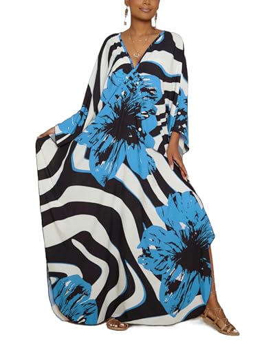 Bsubseach Plus Größe Kaftan Kleid für Frauen Langer Strand Kaftane Bademode Strand Cover Ups Resort Wear Blau Blumen von Bsubseach
