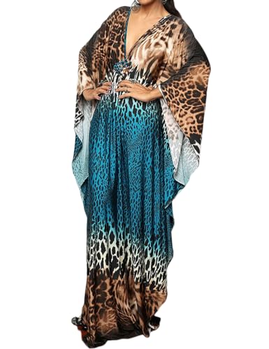 Bsubseach Plus Size Caftan Kleider für Damen Strandkleid Fledermaus Ärmel Sommer Maxi Kaftan Kleid Blau Kaffee Leopard von Bsubseach