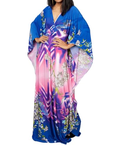 Bsubseach Plus Size Caftan Kleider für Damen Strandkleid Fledermaus Ärmel Sommer Maxi Kaftan Kleid Blau Rosa Floral von Bsubseach