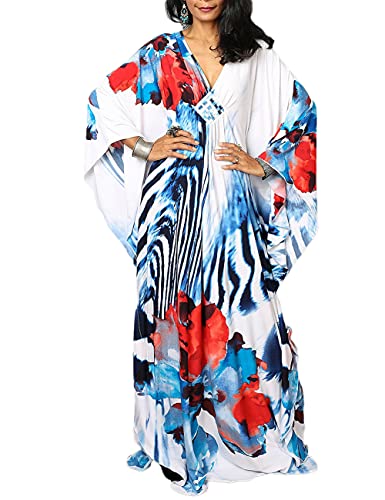 Bsubseach Plus Size Caftan Kleider für Damen Strandkleid Fledermaus Ärmel Sommer Maxi Kaftan Kleid Blau Rot Blumendruck von Bsubseach