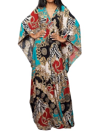 Bsubseach Plus Size Caftan Kleider für Damen Strandkleid Fledermaus Ärmel Sommer Maxi Kaftan Kleid Blau Rote Kette Print von Bsubseach