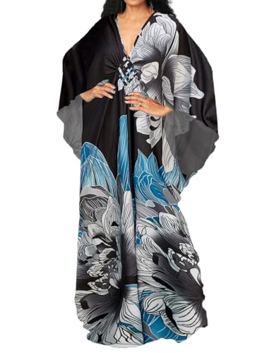 Bsubseach Plus Size Caftan Kleider für Damen Strandkleid Fledermaus Ärmel Sommer Maxi Kaftan Kleid Grau Blau Print von Bsubseach