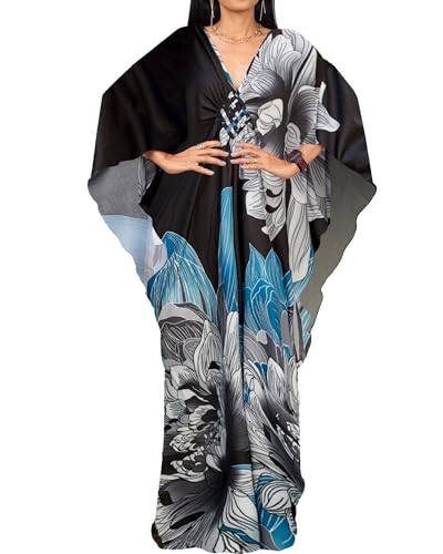 Bsubseach Plus Size Caftan Kleider für Damen Strandkleid Fledermaus Ärmel Sommer Maxi Kaftan Kleid Grau Blau Print von Bsubseach