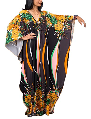 Bsubseach Plus Size Caftan Kleider für Damen Strandkleid Fledermaus Ärmel Sommer Maxi Kaftan Kleid Kaffee Gelb Floral von Bsubseach