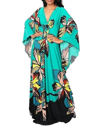 Bsubseach Plus Size Caftan Kleider für Damen Strandkleid Fledermaus Ärmel Sommer Maxi Kaftan Kleid Lake Green Floral von Bsubseach