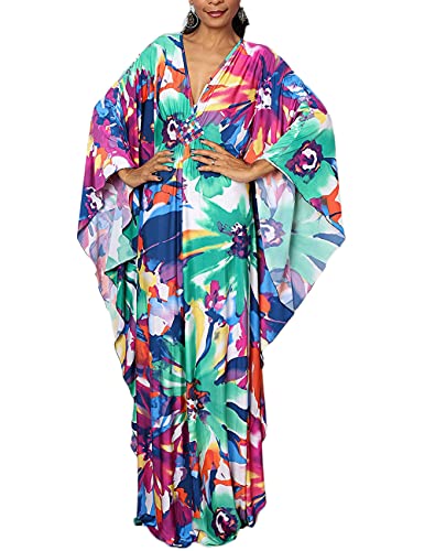 Bsubseach Plus Size Caftan Kleider für Damen Strandkleid Fledermaus Ärmel Sommer Maxi Kaftan Kleid Multicolor Floral Print von Bsubseach