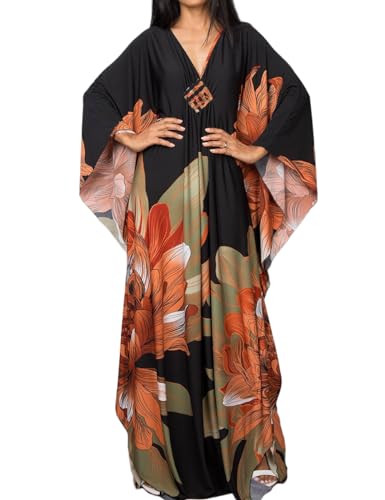Bsubseach Plus Size Caftan Kleider für Damen Strandkleid Fledermaus Ärmel Sommer Maxi Kaftan Kleid Orange Grün Blume von Bsubseach