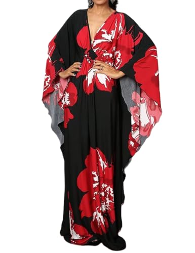 Bsubseach Plus Size Caftan Kleider für Damen Strandkleid Fledermaus Ärmel Sommer Maxi Kaftan Kleid Red Flower Print von Bsubseach