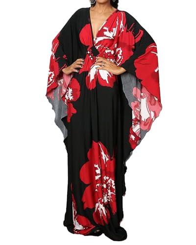 Bsubseach Plus Size Caftan Kleider für Damen Strandkleid Fledermaus Ärmel Sommer Maxi Kaftan Kleid Red Flower Print von Bsubseach