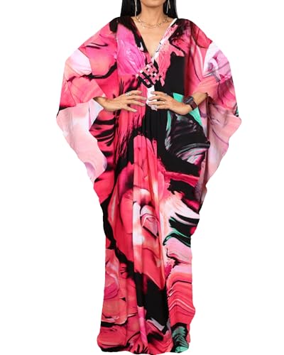 Bsubseach Plus Size Caftan Kleider für Damen Strandkleid Fledermaus Ärmel Sommer Maxi Kaftan Kleid Rose Rot Floral von Bsubseach