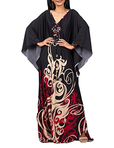 Bsubseach Plus Size Caftan Kleider für Damen Strandkleid Fledermaus Ärmel Sommer Maxi Kaftan Kleid Rot gestreift Print von Bsubseach