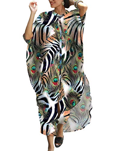 Bsubseach Plus Size Caftan Kleider für Damen Strandponcho für Bademode Pfau Feder Button Up Strand Kaftan Kleid von Bsubseach