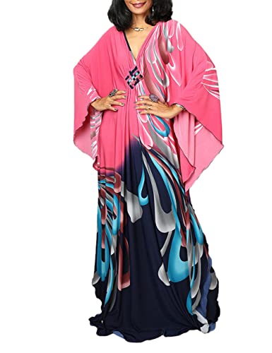 Bsubseach Plus Size Kaftan Kleider für Damen Badeanzug Cover Up Fledermausärmel Sommer Maxi Kaftan Kleid Blau Rosa Blume von Bsubseach