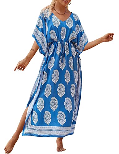 Bsubseach Plus Größe Kaftane für Frauen Lange Kaftan Kleider Badeanzug Cover Up mit Taille Kordelzug Blau von Bsubseach