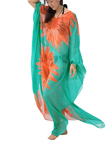 Bsubseach Plus Size Long Print Beach Kaftan Kleid Damen Boho V Neck Side Schlitz Chiffon Swimwear Cover Up von Bsubseach