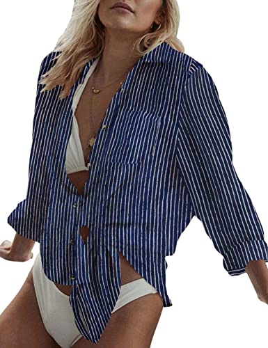 Bsubseach Print Button Down Strand Shirt Blusen Badeanzug Cover Ups für Frauen Strand Coverup Dunkelblaue Streifen von Bsubseach