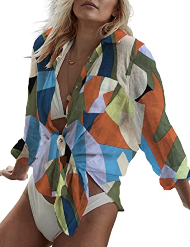 Bsubseach Print Button Down Strand Shirt Blusen Badeanzug Cover Ups für Frauen Strand Coverup Farbe Blöcke von Bsubseach