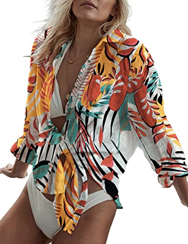 Bsubseach Print Button Down Strand Shirt Blusen Badeanzug Cover Ups für Frauen Strand Coverup Gelb Rot Blätter von Bsubseach