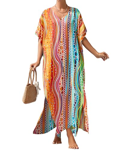 Bsubseach Frauen Kaftankleider V-Ausschnitt Kaftan Loungewear Strand Cover Up Urlaubskleid Resort Wear Orange von Bsubseach