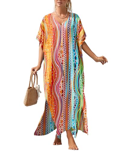 Bsubseach Frauen Kaftankleider V-Ausschnitt Kaftan Loungewear Strand Cover Up Urlaubskleid Resort Wear Orange von Bsubseach