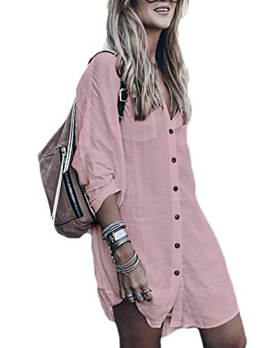 Bsubseach Einheitsgröße Langarm Strandkleid für Damen Loose Button Down Bademode Beach Shirt Tunika Kleid Rosa von Bsubseach